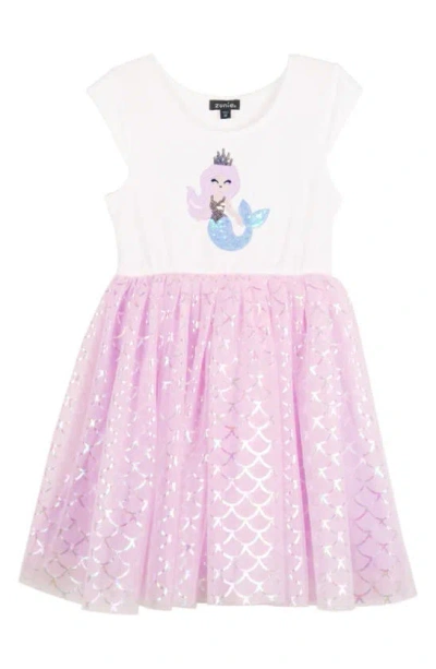 Zunie Kids' Sequin Unicorn Tulle Dress In Ivory/ Orchid