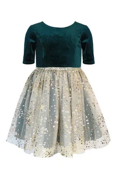 Zunie Kids' Sequin Velvet & Mesh Party Dress In Huntgrngld