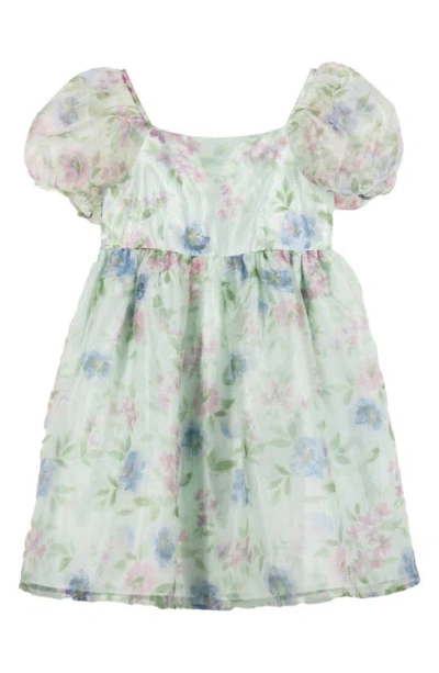 Zunie Kids' Short Puff Sleeve Taffeta Babydoll Dress In Sage
