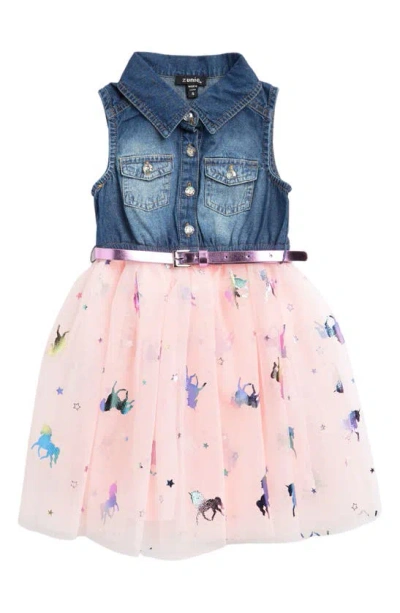 Zunie Kids' Sleeveless Belted Denim & Unicorn Tulle Dress In Pink