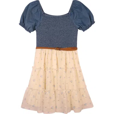 Zunie Kids' Smocked Bodice Tiered Dress In Medium Wash Multi