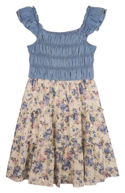 Zunie Kids' Smocked Denim Floral Tiered Dress In Blue/ivory