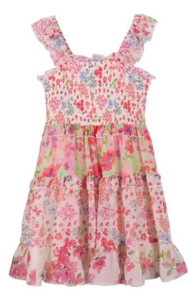 Zunie Kids' Smocked Floral Print Dress In Pistachio/multi