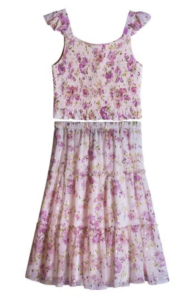Zunie Kids' Smocked Tank Top & Maxi Skirt Matching Set In Ivory/orchid