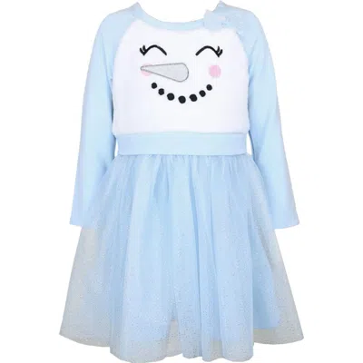 Zunie Kids' Snowman Embroidered Long Sleeve Plissé Dress In Blue