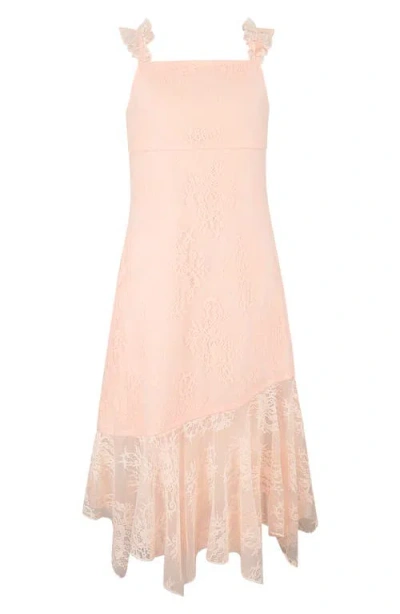 Zunie Kids' Stretch Lace Asymmetric Flounce Party Dress In Pink