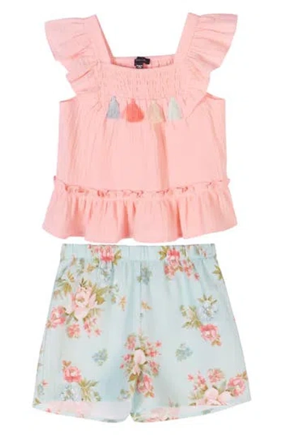 Zunie Kids' Tassel Gauze Top & Floral Shorts In Coral/aqua