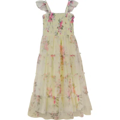 Zunie Kids' Tiered Flower Print Dress In Yellow