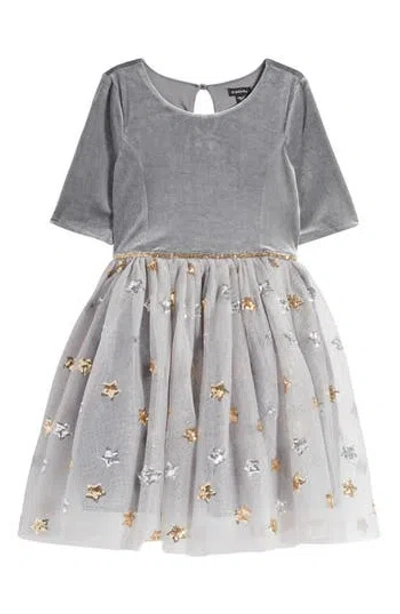 Zunie Kids' Velvet & Tulle Party Dress In Charcoal/champagne