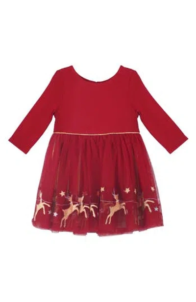 Zunie Long Sleeve Embroidered Reindeer Dress In Red/gold