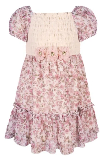 Zunie Babies'  Puff Sleeve Lace Trim Chiffon Party Dress In Pink