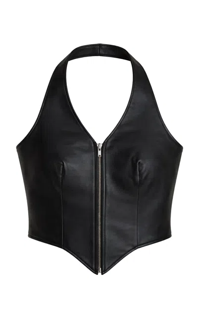 Zut Carioca Leather Halterneck Top In Black