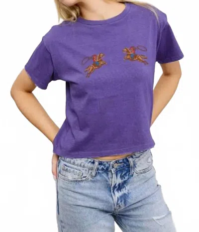 Zutter Puff Stitch Cowgirl Graphic Crop Tshirt In Navy Blue In Purple