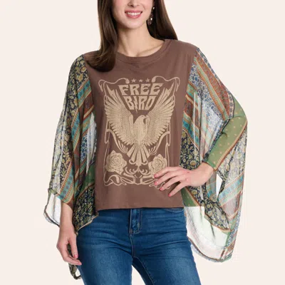 Zutter Women's Brown Free Bird Graphic Kimono Sleeve T-shirt