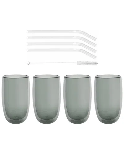 Zwilling J.a. Henckels Zwilling Sorrento 8pc Double-wall Latte Glass & Straw Set In Blue