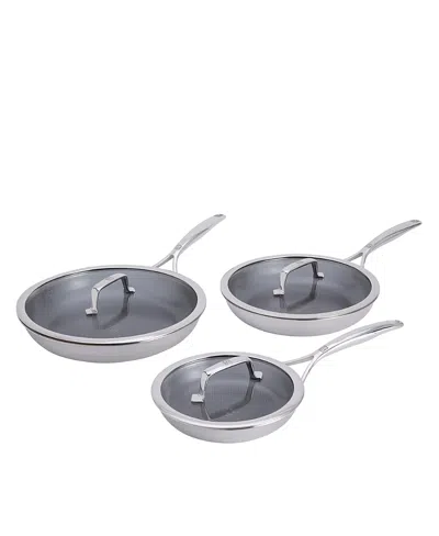 Zwilling Peak Stainless Steel Dual Performance Ceramic Fry Pans With Lids, Set Of 3 In Silver