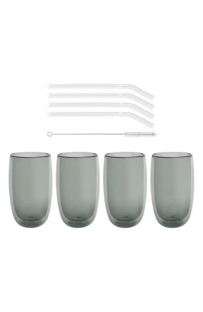 Zwilling Sorrento 8-piece Double Wall Latte Glasses, Straws And Brush Set In Grey