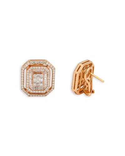 Zydo 18k Rose Gold Mosaic Diamond Baguette & Round Stepped Halo Stud Earrings