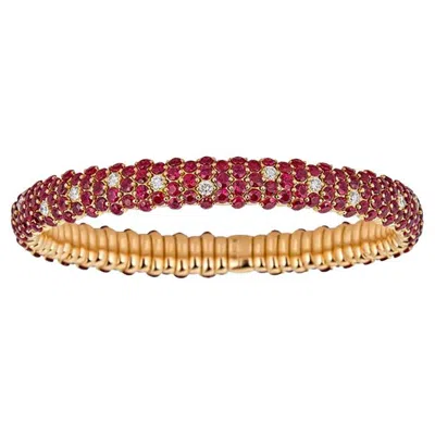 Pre-owned Zydo 18k Rose Gold Ruby & Diamond Domed Stretch Bracelet In Red