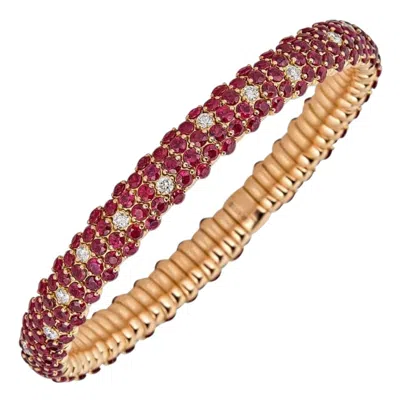 Pre-owned Zydo Ruby & Diamond Domed Stretch Bracelet 18k Rose Gold In Red