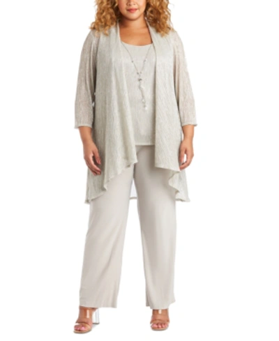 R & M Richards Plus Size 3-pc. Metallic Jacket, Necklace Top & Pants Set In Champagne