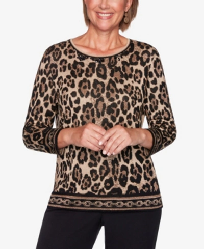 Shop Alfred Dunner Women's Plus Size Classics Animal Jacquard Sweater In Black/vicuna