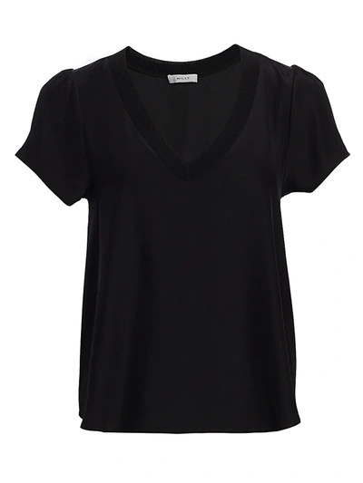 Shop Milly Women's Knit-trim Silk Top In Black