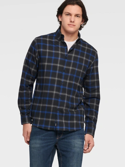 Shop Dkny Men's Plaid Button Up Shirt - In Blk/cobalt