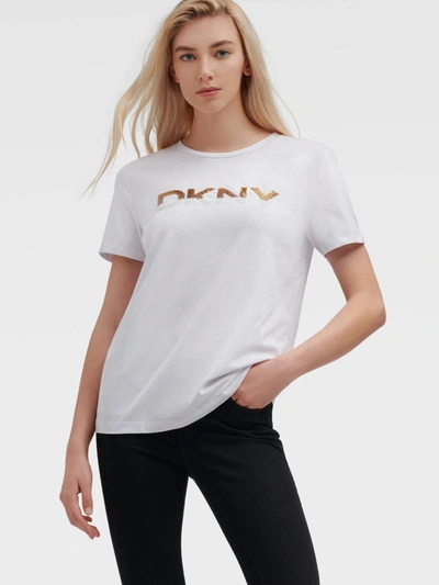 Shop Dkny Women's Ombre Sequin Logo Tee - In White Combo