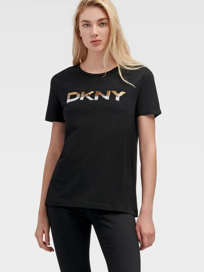 Shop Dkny Women's Ombre Sequin Logo Tee - In Black/gold