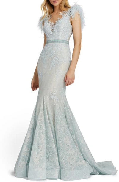 Shop Mac Duggal Illusion Sequin Lace Feather Sleeve Mermaid Gown In Ice Blue