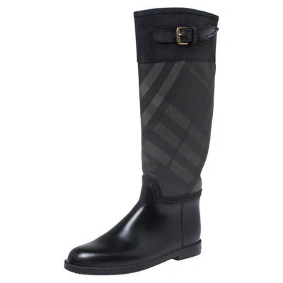 Pre-owned Burberry Black Rubber, Leather And Beat Check Coated Canvas Rain Boots Size 40
