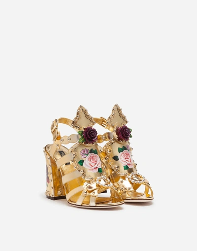 Shop Dolce & Gabbana Nappa Mordore Gladiator Sandals With Studs And Painted Flower Detailing