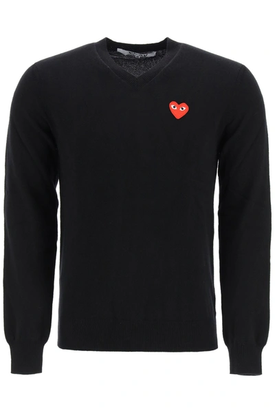Shop Comme Des Garçons Play Heart Logo Embroidereed V In Black
