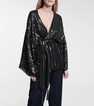 Shop Dundas Sequined Silk Wrap Top In Black