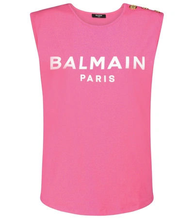 Shop Balmain Logo Cotton Tank Top In Pink