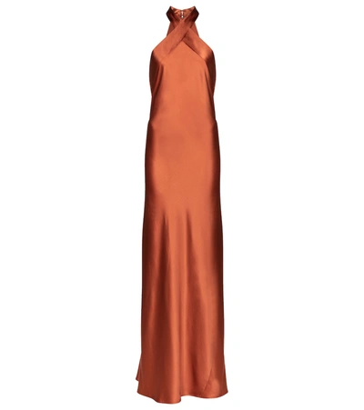 Shop Galvan Eve Silk Satin Halterneck Gown In Orange