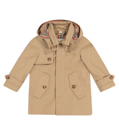 Shop Burberry Baby Hooded Cotton Twill Coat In Beige
