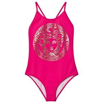 Shop Versace Fuchsia & Gold Medusa Head Swimsuit In Pink