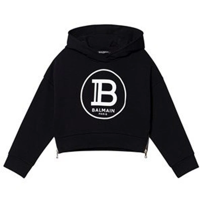 Shop Balmain Black Flocked Logo Cropped Hoodie