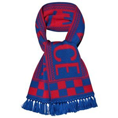 Shop Versace Blue And Red Logo Knitted Scarf