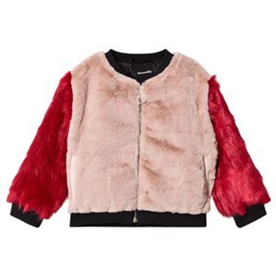 Shop Andorine Pale Pink And Red Faux Fur Bomber Jacket