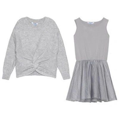 Shop Mayoral 2-piece Grey Knit And Tulle Twist Detail Dress