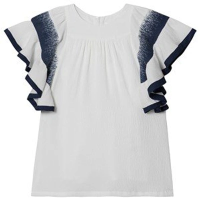 Shop Chloé White And Navy Dress With Large Ruffle Sleeves