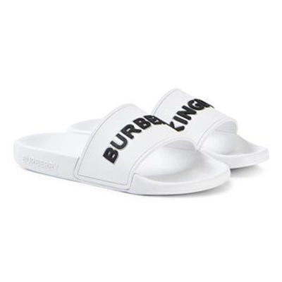 Shop Burberry White Furley Logo Slide Sandals