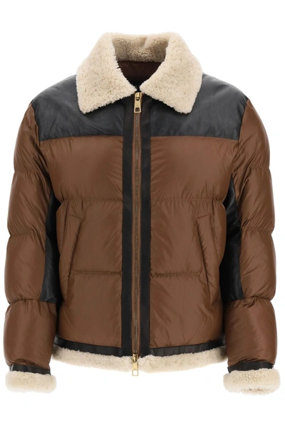 Shop Neil Barrett Down Jacket In Leather Shearling And Fabric In Nut Black