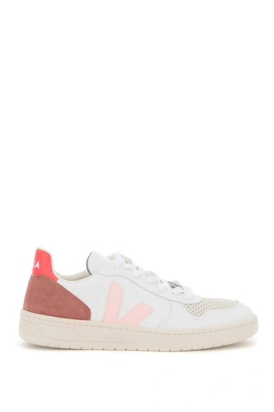 Shop Veja V-10 Leather Sneakers In Extra White Petale Rose Fluo