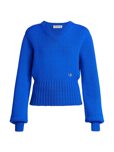 Shop Victoria Beckham Women's Blouson-sleeve Wool-blend V-neck Sweater In Electric Blue