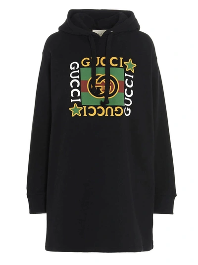 Shop Gucci Vintage Logo Hooded Sweatshirt Dress In Black