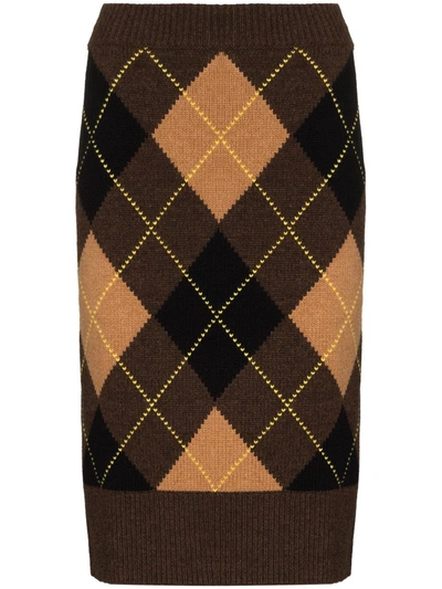 Shop Burberry Argyle-check Pencil Skirt In Braun